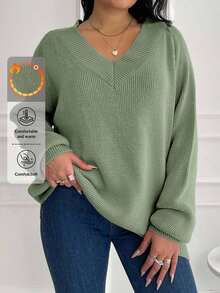 EURMUSE Áo len chui đầu cổ chữ V rộng rãi thường ngày cỡ lớn cho nữ - Màu xanh Ô liu - Xem 1