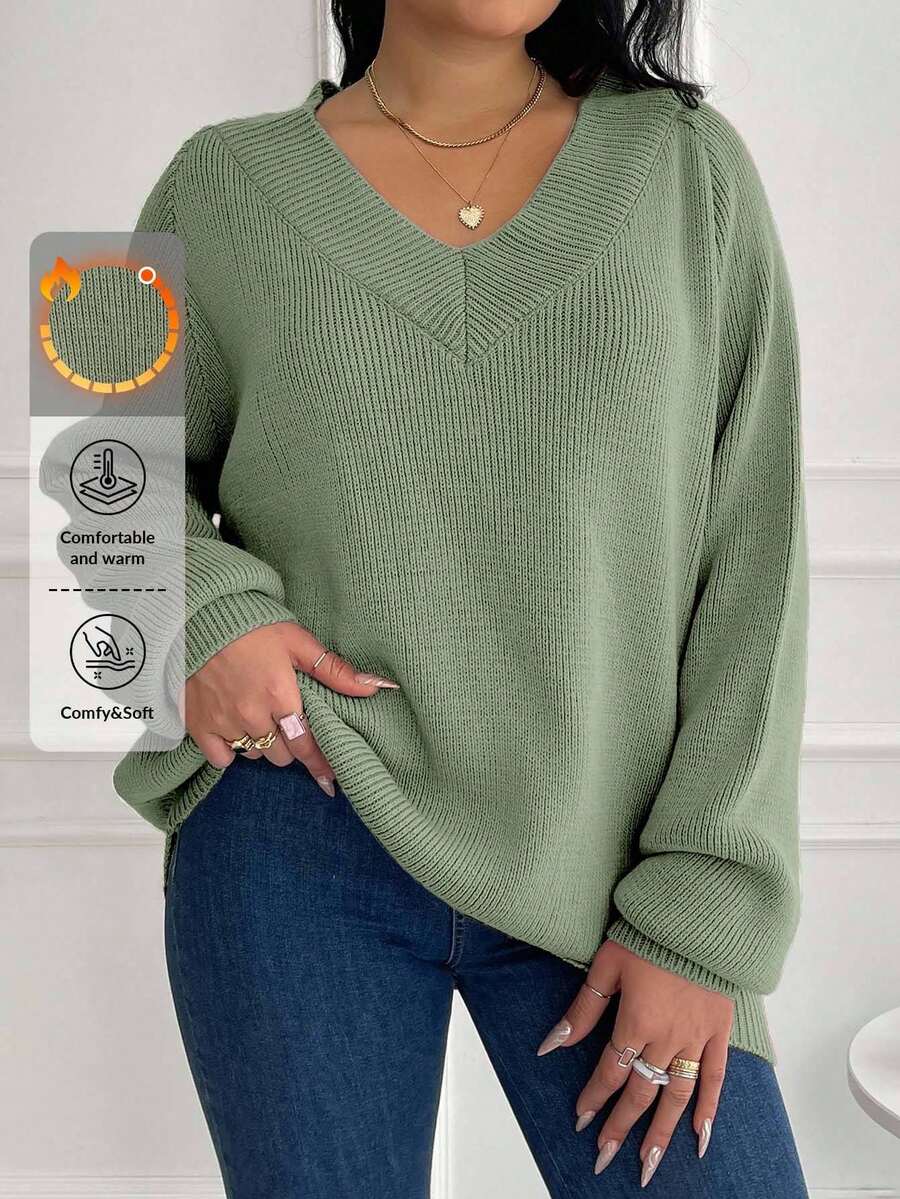 EURMUSE Áo len chui đầu cổ chữ V rộng rãi thường ngày cỡ lớn cho nữ - Màu xanh Ô liu - Xem 1