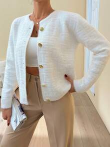 EURMUSE Women Soft Touch Gold Button Front Detailed Knit Cardigan Soft Knit Cardigan With Gold Buttons, Elegant Crew Neck Sweater For Minimalist Fall Winter Outfits - Cream - View 2