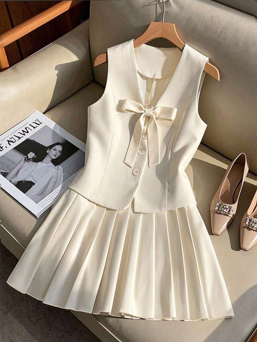 SHEIN PETITE Summer New Elegant Casual Fashion Bowknot Sleeveless Shirt With Pleated Short Skirt Women 2 Pieces Set - Apricot - View 1