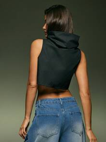 Denimoi 短款无袖夸张领口上衣 - 黑色 - 查看 4