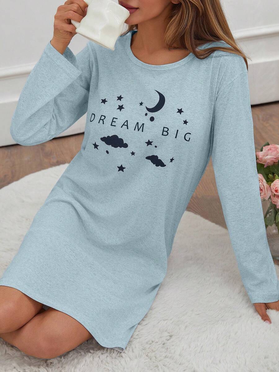 EURMUSE 女士撞色字母圆领长袖家居睡衣裙 - 淺藍色 - 查看 1