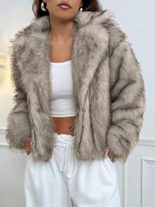 SHEIN EZwear 女式休闲杏色蓬松领长袖仿皮草夹克，秋冬 - 杏色 - 查看 5