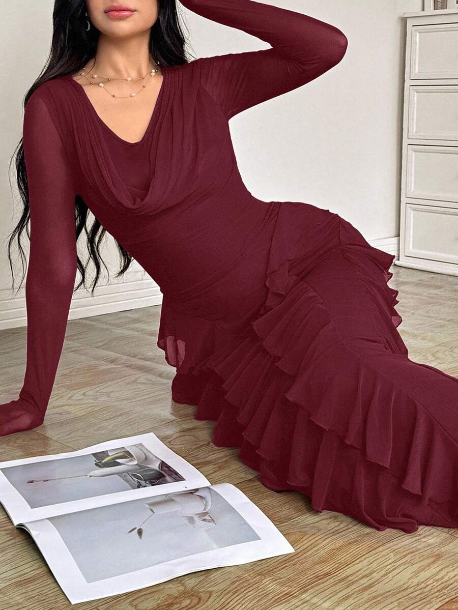 Modelyn 女式弹力网眼荷叶边领修身优雅连衣裙,春夏 - Fiery Red - 查看 1
