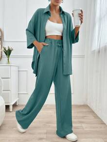 EURMUSE 2pcs Women's Casual Solid Color Front Button Loose Shirt And Pants Set, Autumn - Teal Blue - View 3