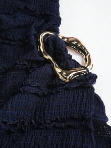 Sweetra 女士新款不对称下摆不对称肩长袖衬衫，带金属装饰，适合通勤和外出，春夏秋 - 藏蓝色 - 查看 6