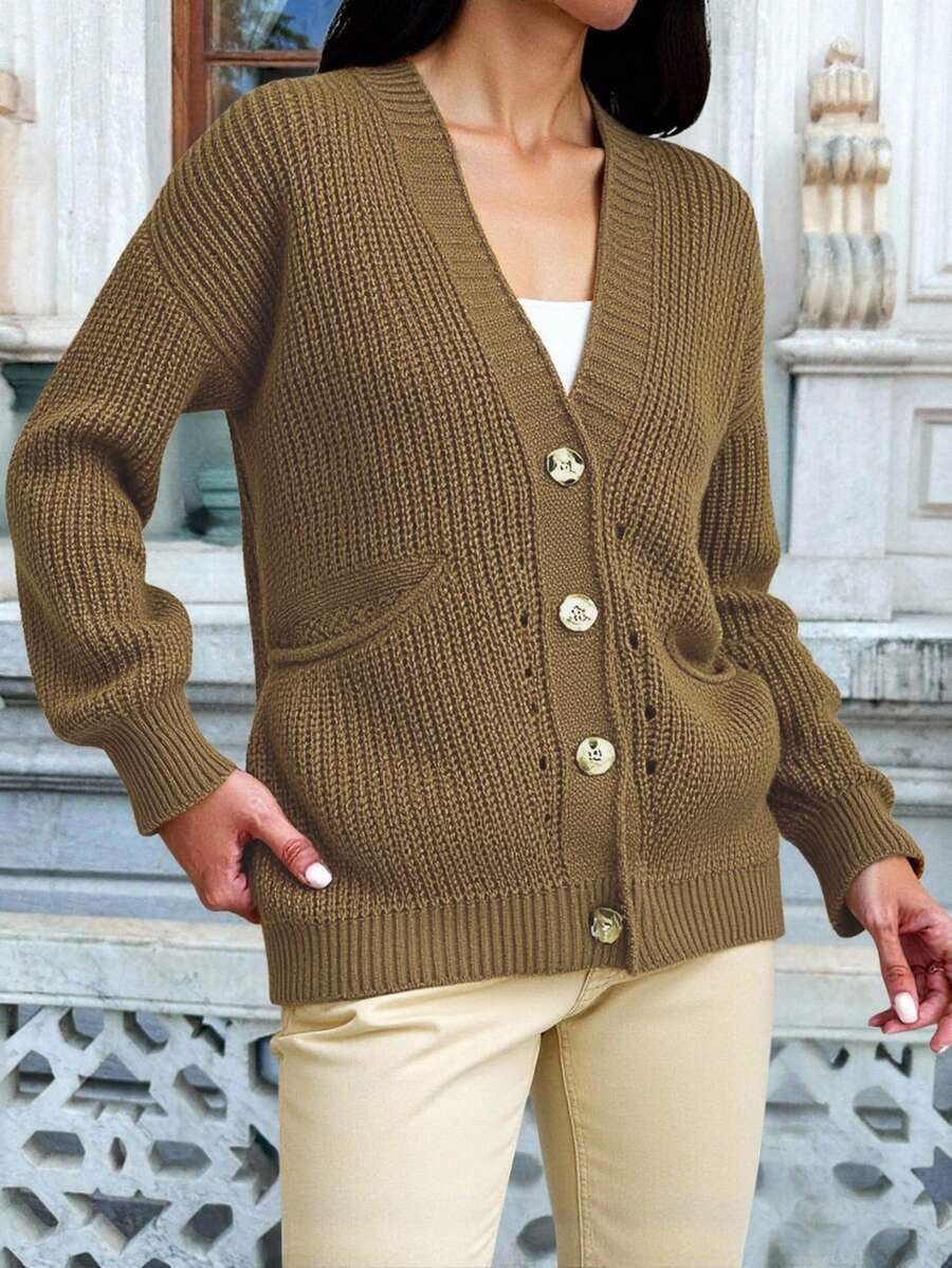 EURMUSE Cardigan donna a maniche corte con bottone frontale, tasche e spalle scivolate, colore unito - Castano - Visualizzare 1