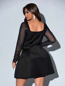 Viva Relle Square Neck Black Long Waist Cinching Fitted Dress, A-Line Sleeve Embroidered Patchwork, Elegant Plus Size Slimming Dress