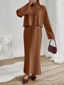 EURMUSE Women Sleeveless High Neck Sweater Dress With Cardigan - Brown - View 4