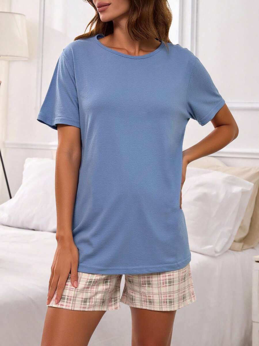 Cottnline Solid Color Short Sleeve Round Neck T-Shirt & Plaid Shorts Pajama Set - Blue - View 1