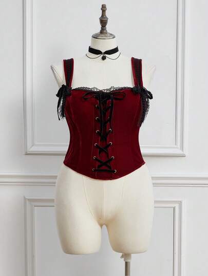 J-Fashion Camiseta sin mangas de terciopelo vintage con aplicaciones de encaje, color rojo vino, adecuada para fiestas y cumpleaños, otoño/invierno, talla grande