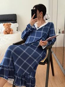 SHEIN 女士藏蓝色格子印花荷叶边蕾丝V领蝴蝶结超柔软薄款牛奶丝长袖睡裙，休闲舒适，可作中长连衣裙穿着，适合圣诞节、秋季和冬季，宽松睡裙 - 藏蓝色 - 查看 5