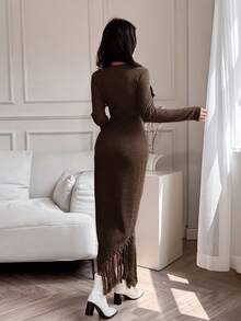 Feyla 1pc Women Solid Round Neck Long Sleeve Fitted Fringed Hem Dress, Minimalist Design Long Evening Dresses - Brown - View 5