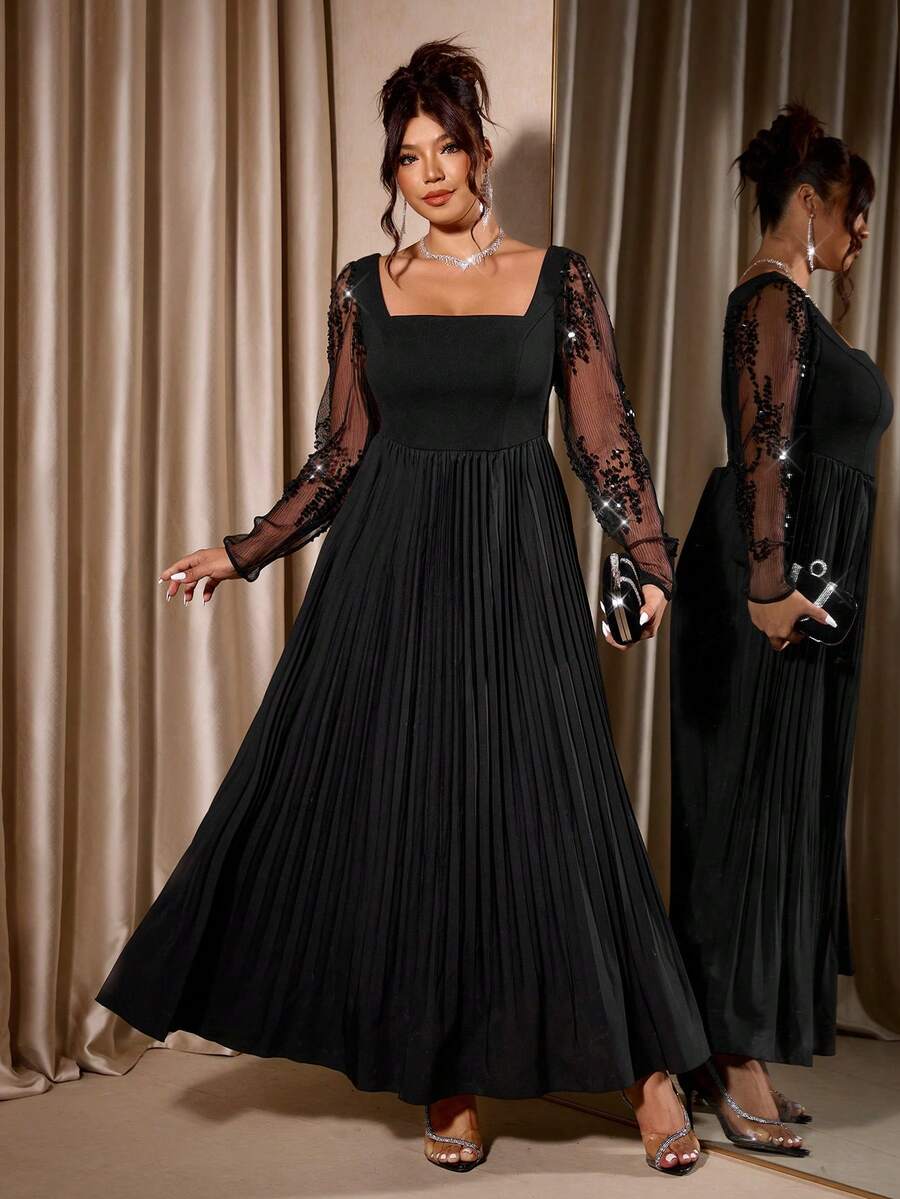 Cravure Plus Size Dam Elegant Paljett Plisserad Fyrkantig Halsringning Svart Festklänning - Svart - Visa 1