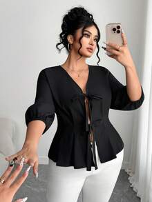 Elenzga 大码女式新款优雅蝴蝶结系带V领3/4袖衬衫 - 黑色 - 查看 8