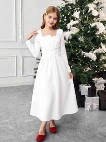 SHEIN 女童方领泡泡袖收腰短袖连衣裙 - 白色 - 查看 11