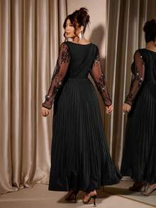 Cravure Plus Size Dam Elegant Paljett Plisserad Fyrkantig Halsringning Svart Festklänning - Svart - Visa 2