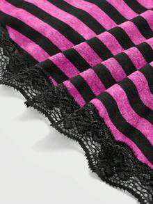 ROMWE Fairycore Spring/Summer Plus Size Casual Striped Lace Trim Camisole - Hot Pink - View 4