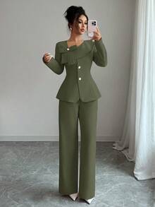 Elenzga Bộ vest vest 2 món ve áo cổ điển, vai lệch, áo khoác blazer + quần âu thu đông - màu xanh lá - Xem 4