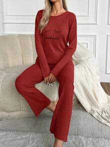 EURMUSE Women's Letter Embroidered Long Sleeve Pants Pajama Set - Red - View 4