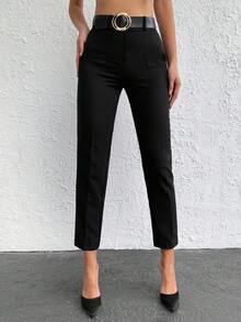 EURMUSE Zipper Fly Cropped PU Tapered Pants Without Belt - Black - View 3