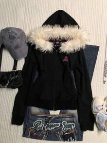 Glimmora Women's Slim Fit Hooded Sweatshirt Jacket With Faux Fur Collar, Digital Printing - Black - View 1