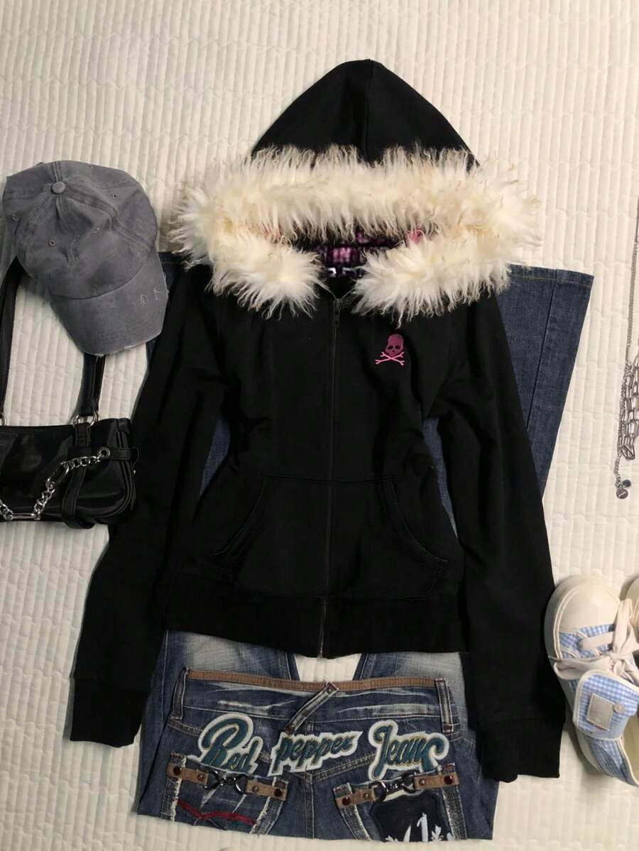 Glimmora Women's Slim Fit Hooded Sweatshirt Jacket With Faux Fur Collar, Digital Printing - Black - View 1