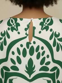 CAJUNI Plus Size Women Boho Tropical Vintage Green Print Short Casual Loose Beach Vacation Beige Dress - Green - View 3
