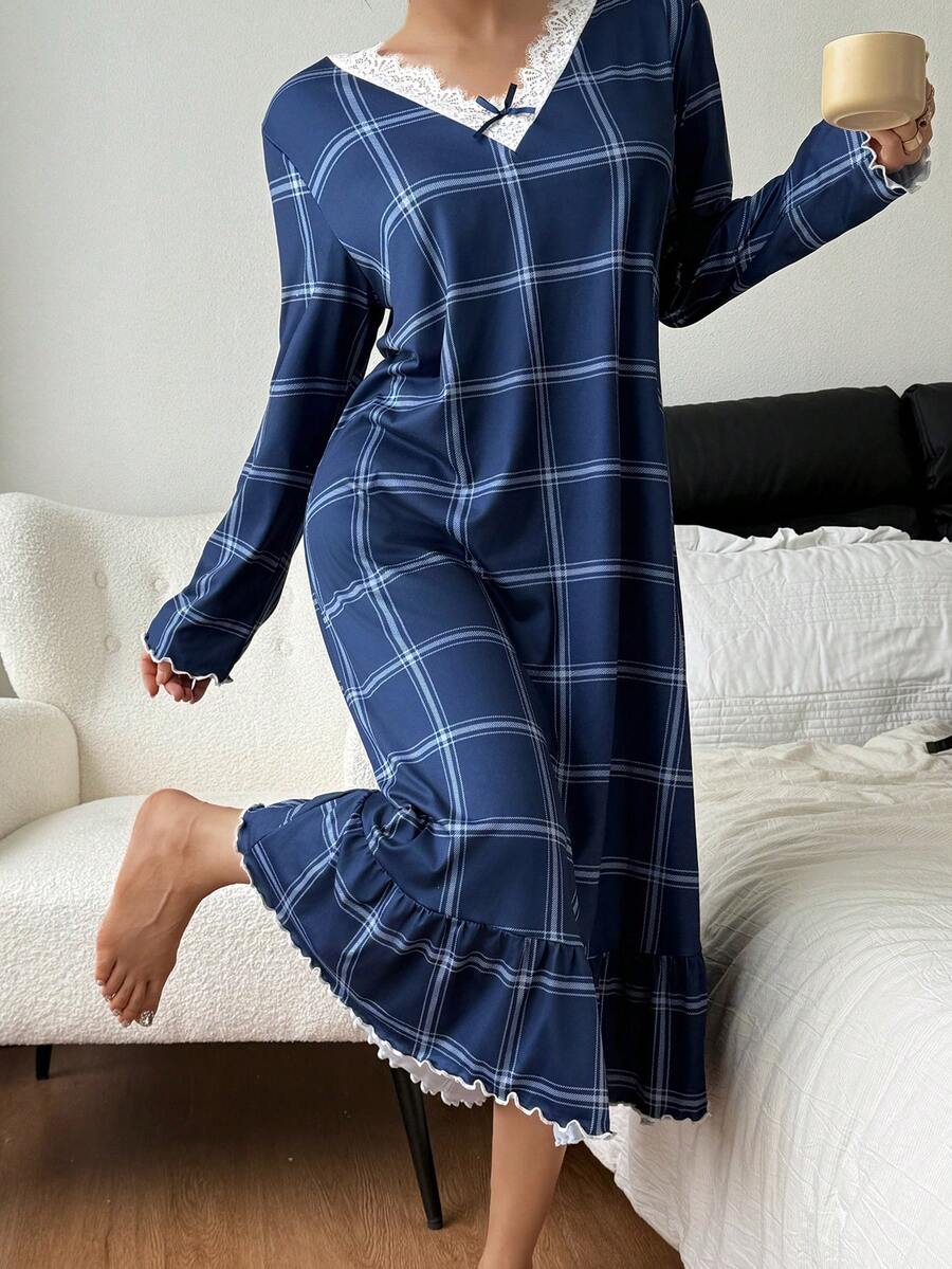 SHEIN 女士藏蓝色格子印花荷叶边蕾丝V领蝴蝶结超柔软薄款牛奶丝长袖睡裙,休闲舒适,可作中长连衣裙穿着,适合圣诞节、秋季和冬季,宽松睡裙 - 藏蓝色 - 查看 1