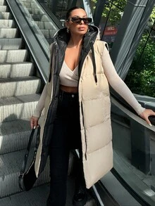 EURMUSE Zip Up Drawstring Hooded Puffer Vest Coat - Black - View 3