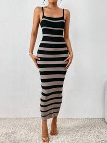 EURMUSE Fashionable Contrast Striped Bodycon Knit Cami Dress - Dark Green - View 3