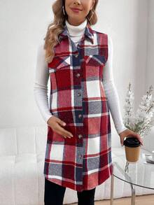 SHEIN Maternity Plaid Print Button Front Casual Sleeveless Jacket - Red - View 6