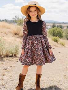 SHEIN Tween Girl Floral Print Round Neck Lantern Sleeve Ruffle Hem Dress, Autumn Winter,Party Wear, Daily Wear School Daily, Birthday