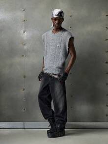 NEON BLANC 男士纯色毛边针织羊毛背心 - 灰色 - 查看 7