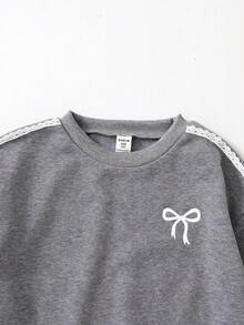 2 件套女童韩版休闲灰色运动衫配蝴蝶结和紧身裤套装 - 灰色 - 查看 6