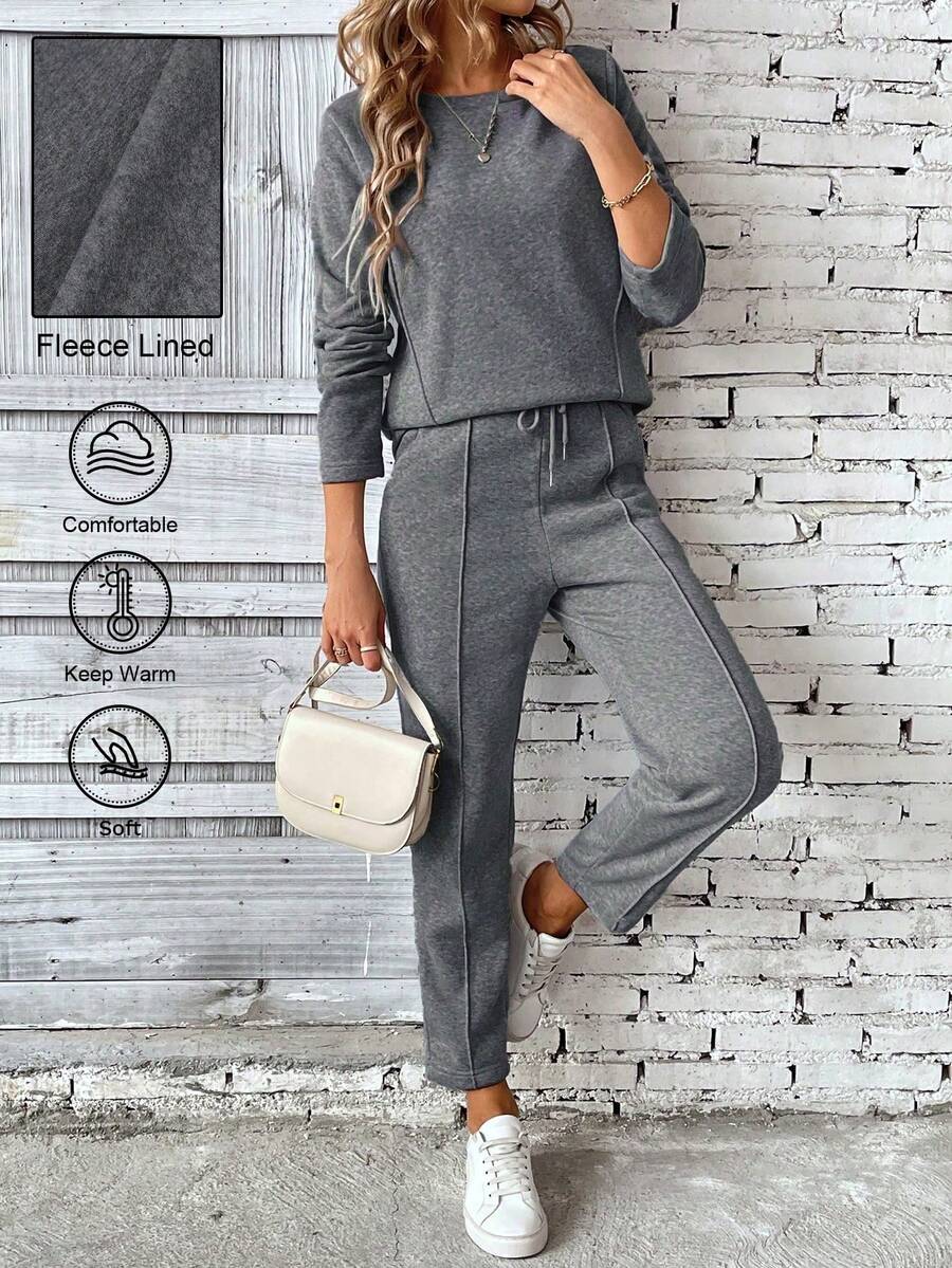 Calvaya 2pcs/Set Women Casual Solid Color Long Sleeve Top And Pants Suit For Autumn Fall Cloth For Women
