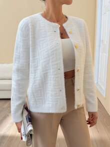 EURMUSE Women Soft Touch Gold Button Front Detailed Knit Cardigan Soft Knit Cardigan With Gold Buttons, Elegant Crew Neck Sweater For Minimalist Fall Winter Outfits - Cream - View 5