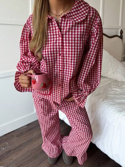 SHEIN EZwear Women's Autumn And Winter Clothing For Home And Casual, Sweet And Clean Girl Christmas Pajamas, Christmas Clothes, Check Shirts, Plaid Light Pajamas, Plaid Shirts With Red Plaid Doll Collars, Ruffle Sleeves, Contrasting Pockets And Ruffled Plaid Trousers, Affordable Two-Piece Suits.