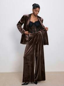 ATUI Studio Women's Brown Winter Casual Fashion Simple Party Daily Versatile Brown Velvet Loose Wide-Leg Suit Pants,Autumn Winter Pants,Christmas,New Year Look,Party,Thanksgiving, Effortless Chic Essential, Casual Versatile Business Wear, Old Money Aesthetic, Minimalism - Coffee Brown - View 4