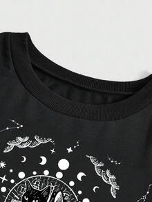 ROMWE Goth 加大码深色太阳、月亮、星星和十二星座猫咪印花长袖卫衣 - 黑色 - 查看 3