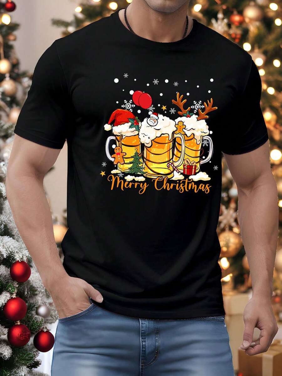 Manfinity Homme 圣诞节家庭聚会啤酒派对时尚休闲印花男士标准版型短袖T恤 - 黑色 - 查看 1