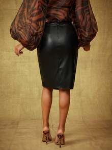 Vixey Fustă midi plisată din piele ecologică PU cu talie înaltă