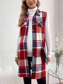 SHEIN Maternity Plaid Print Button Front Casual Sleeveless Jacket - Red - View 4