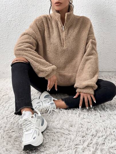 SHEIN EZwear Women's Khaki Half-Zip Long Sleeve Pullover Sweatshirt, Loose Fit, Autumn/Winter, Long Sleeve Top, Suitable For Graduation Ceremony, Back To School, Women Teachers,Fall,Fall, Christmas