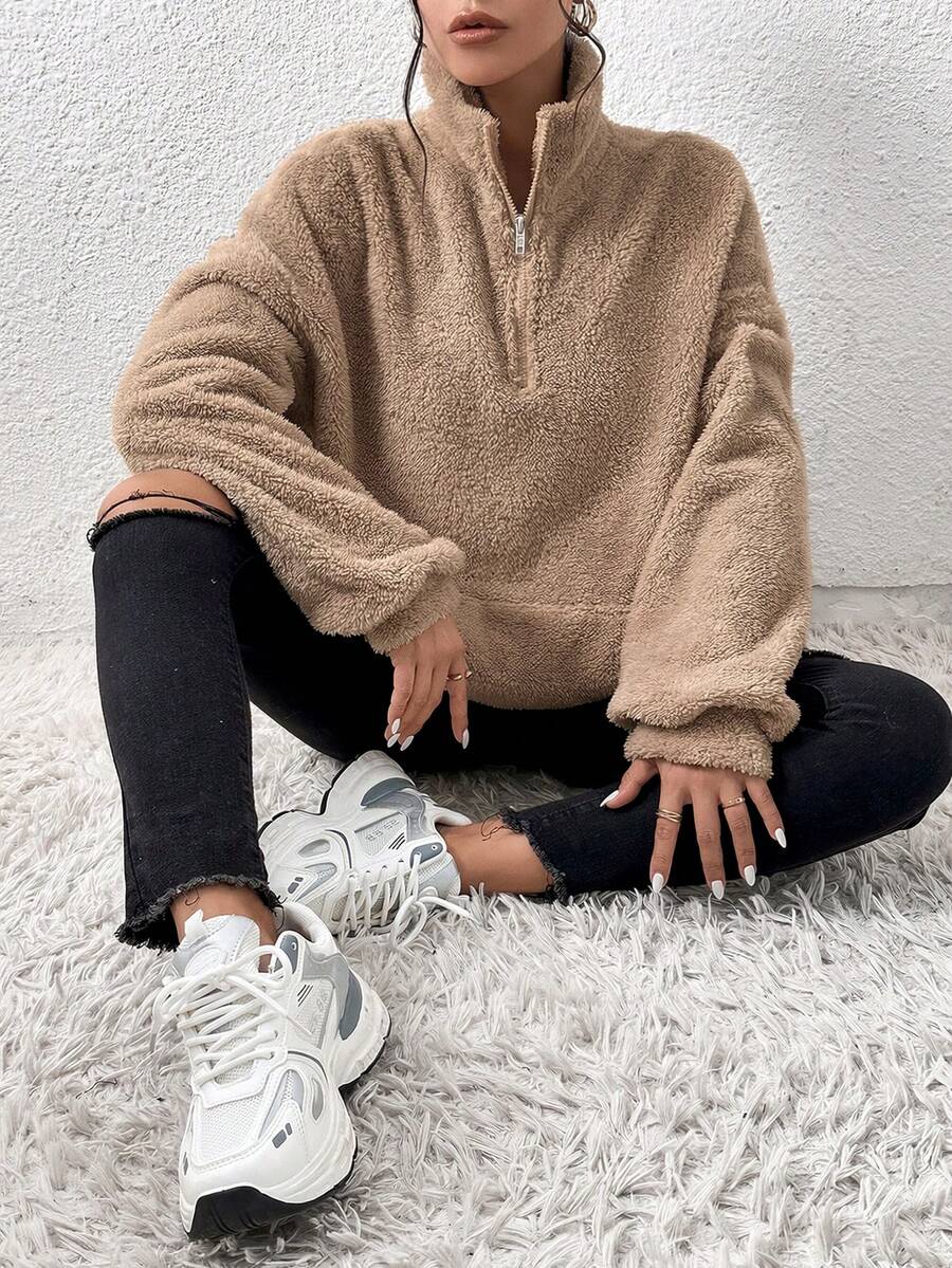 SHEIN EZwear 女士卡其色半拉链长袖套头卫衣，宽松版型，秋冬季长袖上衣，适合毕业典礼、返校、女教师、秋季、圣诞节等场合。 - 卡其色 - 查看 1