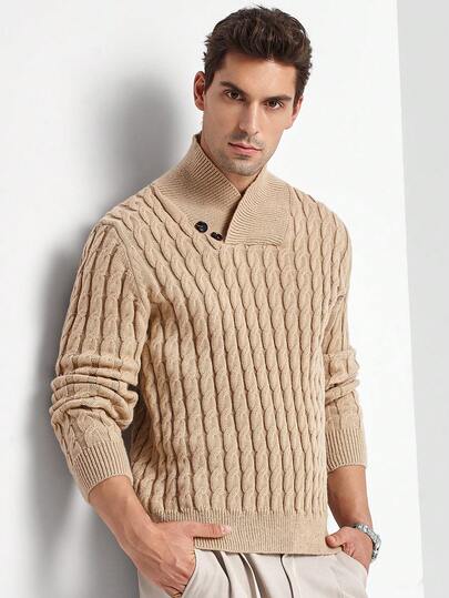 Manfinity CityGents Autumn/Winter New Blogger Stylish Design 3D Texture Ribbed Collar Slim Fit Men Pullover Sweater, Cable Knit Jumper Wear, Great For Couples And Makes An Excellent Gift Idea For Boyfriends Or Husbands, Long Sleeve Top