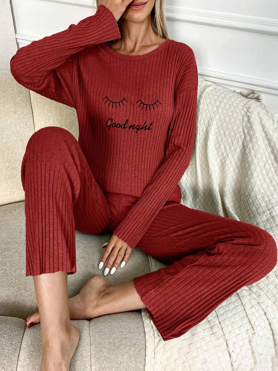 EURMUSE Women's Letter Embroidered Long Sleeve Pants Pajama Set - Red - View 1