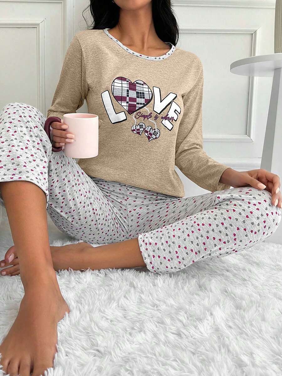 EURMUSE 100%Cotton Heart And Slogan Graphic PJ Set - Krem - View 1