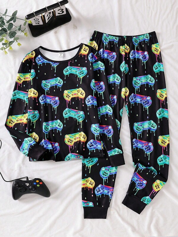 Snug Fit Pajama Set For Tween Boys Long Sleeve Top And Pants, Vibrant Video Game Controller Graphic Print, Soft & Comfortable, Playful & Youthful Design, Suitable For Kids Who Love Video Games, Smooth Fabric With Glossy Finish Snug Fit