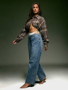 Denimoi 不对称下摆领口格子短款上衣，适合秋季时尚女性街头服饰 - 棕色 - 查看 5